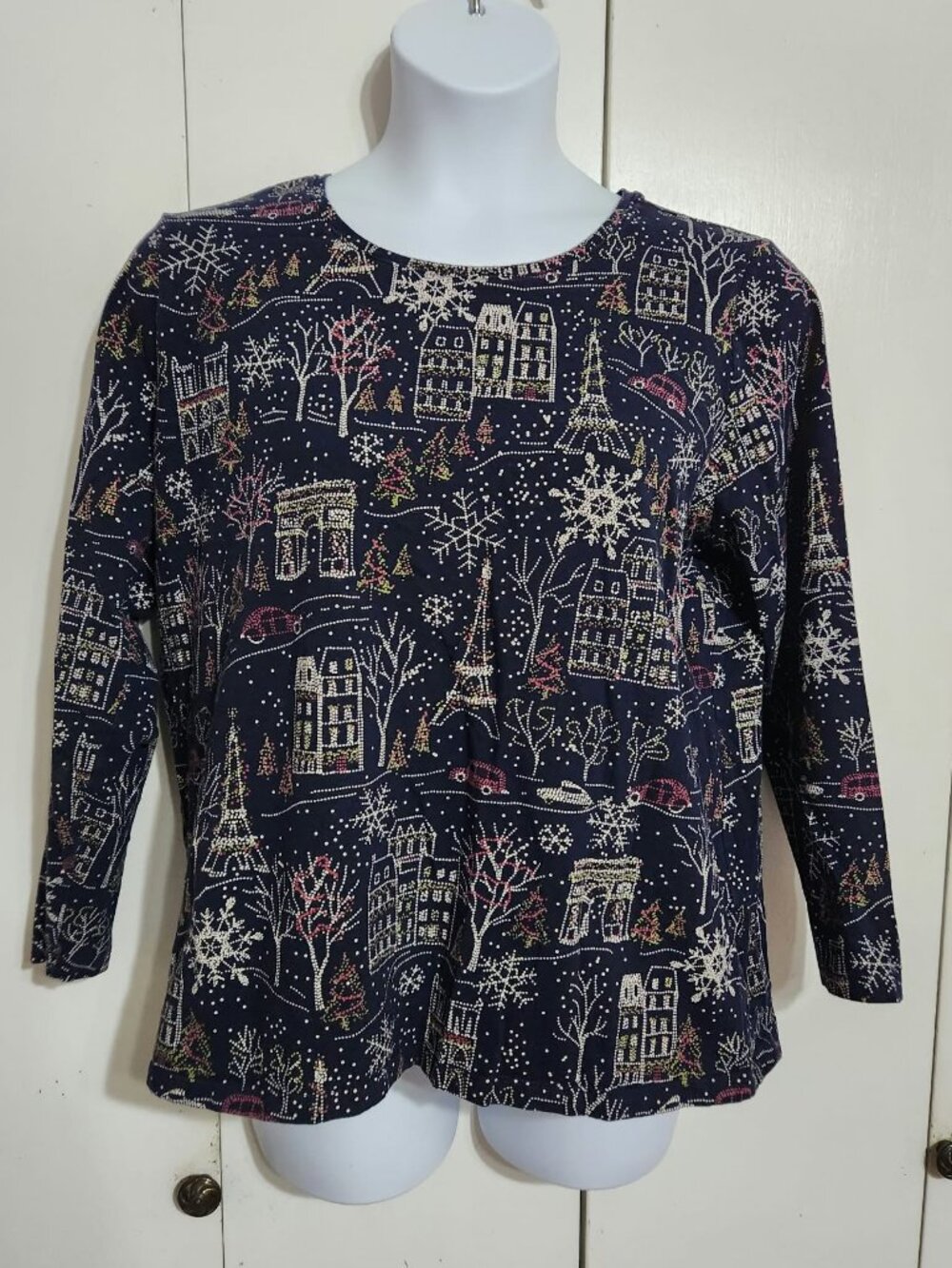 CJ Banks 1X Top Paris Eiffel Tower Snowflakes Winter Multicolor Long Sleeve